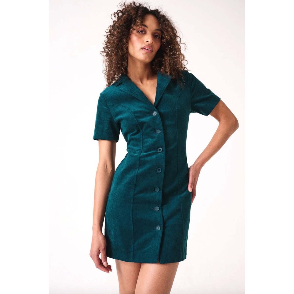Rolla's Francoise Stretch Corduroy Dress Teal Button Front Mini Size 12/L